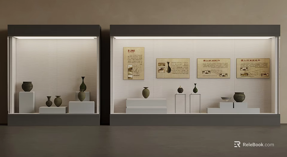 Exhibition Background Wall With Pottery Vases Text Descriptions And Illuminated Display Cabinets 3d model 