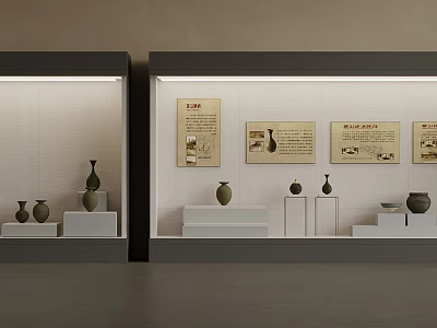 Exhibition Background Wall With Pottery Vases Text Descriptions And Illuminated Display Cabinets 3d model