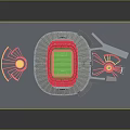 3D Stadium Model With Red Seats Green Turf And Fan Shaped Modern Design