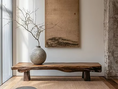 Decorative Ornament Set With Wooden Bench Gray Vase Dried Branches And Linen Painting 3d model
