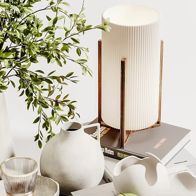 Minimalist Decorative Ornament Set With Green Plant White Ceramic Vase And Wooden Lamp 3d model