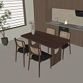 Modern Wooden Dining Table Set with Woven Backrest Leather Seat Chairs Vase in Kitchen Setting