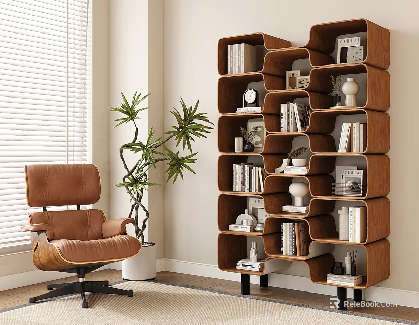 Comfortable Brown Leather Accent Chair in Cozy Interior with Bookcase Green Plant and Window Blinds 3d model 