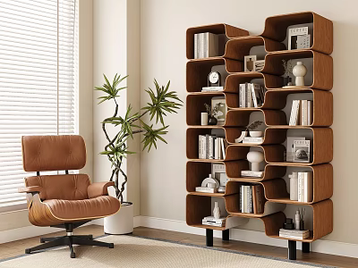 Comfortable Brown Leather Accent Chair in Cozy Interior with Bookcase Green Plant and Window Blinds 3d model