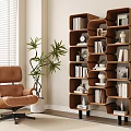 Comfortable Brown Leather Accent Chair in Cozy Interior with Bookcase Green Plant and Window Blinds