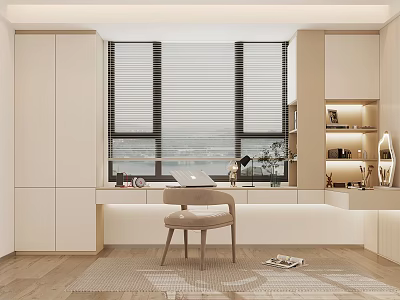 Modern Study Room Interior With Wooden Desk Chair Window Blinds And Bookshelf Decor 3d model