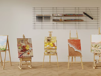 Art Studio Scene With Wooden Easels Holding Paintings And Wall Mounted Musical Instruments Art Supplies 3d model