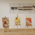 Art Studio Scene With Wooden Easels Holding Paintings And Wall Mounted Musical Instruments Art Supplies