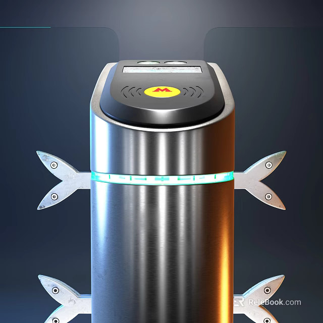 Silver Cylindrical Device With Black Top Panel Yellow Logo Green Ring Light And Metal Parts 3d model 