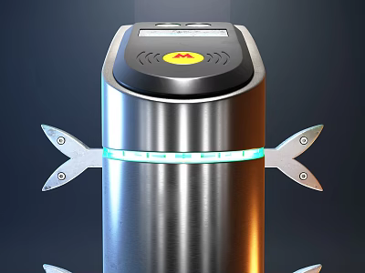 Silver Cylindrical Device With Black Top Panel Yellow Logo Green Ring Light And Metal Parts 3d model