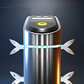 Silver Cylindrical Device With Black Top Panel Yellow Logo Green Ring Light And Metal Parts