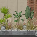 Lush Tropical Plants and Pampas Grass with Round Lanterns Against Gray Wall and Wooden Lattice