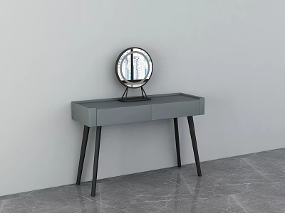 Modern Gray Dressing Table With Two Drawers Round Mirror And Black Legs 3d model