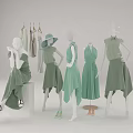Models Displaying Green Outfits In Various Poses With Hanging Clothes And Hat