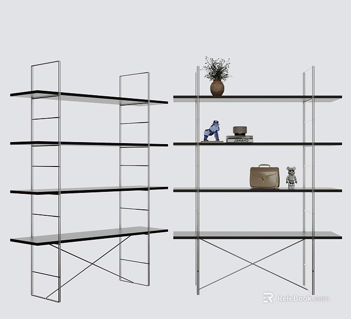Elegant Modern Bookshelf Design With Glass Shelves Metal Frame and Decorative Ornaments 3d model 