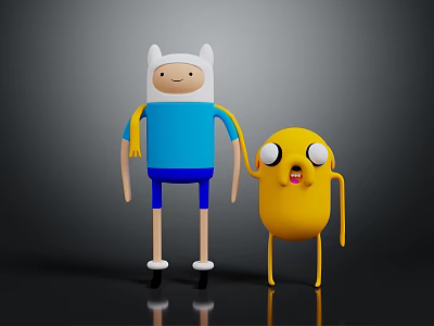 Cartoon Character Finn and Yellow Creature Jake Standing Together on Black Background 3d model
