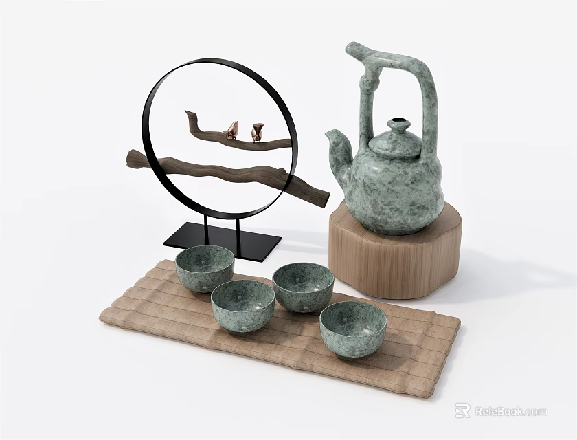 Traditional Japanese Style Tea Set With Teapot Cups Bamboo Mat And Wooden Base 3d model 