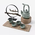Traditional Japanese Style Tea Set With Teapot Cups Bamboo Mat And Wooden Base