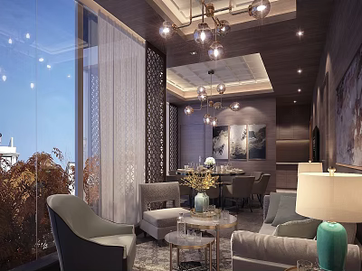 Luxury Modern Private Box Interior Design With Sofa Dining Table And City View 3d model