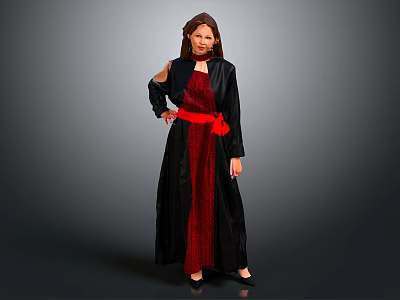 Woman In Black Coat And Red Dress With Red Belt Standing Against Gray Background 3d model