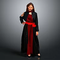 Woman In Black Coat And Red Dress With Red Belt Standing Against Gray Background