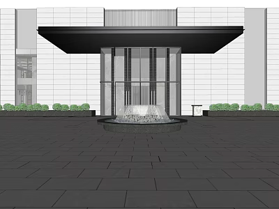 Hotel Lobby Entrance With Black Awning Central Fountain Surrounding Green Plants And Stone Pavement 3d model