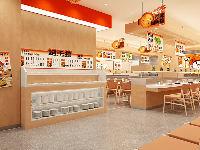 Orange Wooden Restaurant Interior With Open Counter Hanging Menu Signs Neat Dish Rack And Tables 3d model