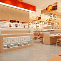 Orange Wooden Restaurant Interior With Open Counter Hanging Menu Signs Neat Dish Rack And Tables