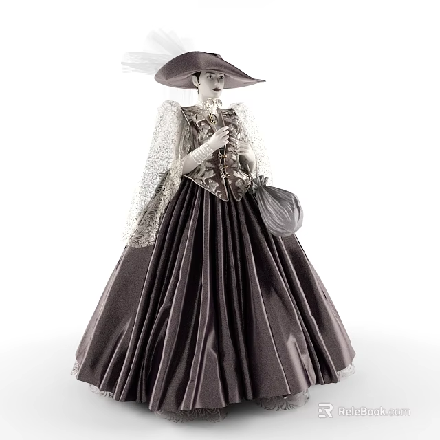Vintage Victorian Style Formal Dress With Lace Cape And Wide Brim Hat 3d model 