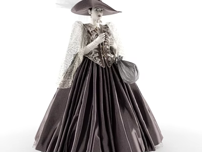 Vintage Victorian Style Formal Dress With Lace Cape And Wide Brim Hat 3d model