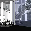 Modern Hotel Public Lounge Area With White Chairs Round Tables Floor Lamps And Potted Plants