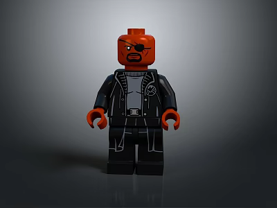 Lego Figure With Red Head Black Eyepatch Black Jacket Gray Inner Shirt And Orange Hands 3d model