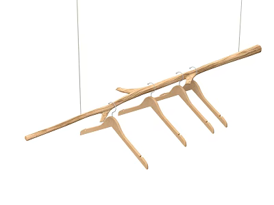Wooden Hangers Hanging On Suspended Wooden Rod For Clothing Storage 3d model