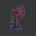 Vintage Red Mechanical Device with Large Wheel and Metal Structure in Retro Industrial Design