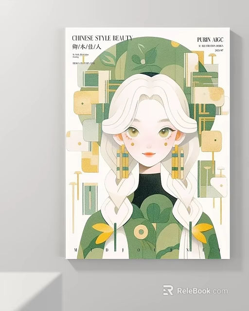 Modern Abstract Portrait of Girl with White Hair Green Outfit Yellow Accents and Geometric Background 3d model 