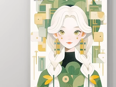 Modern Abstract Portrait of Girl with White Hair Green Outfit Yellow Accents and Geometric Background 3d model