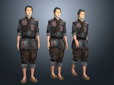 Three Men Wearing Traditional Patchwork Clothing with Ancient Style Design Standing in Different Poses 3d model