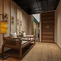 Traditional Chinese Style Elevator Aisle With Wooden Bookshelves Green Plants Warm Lighting And Staircase