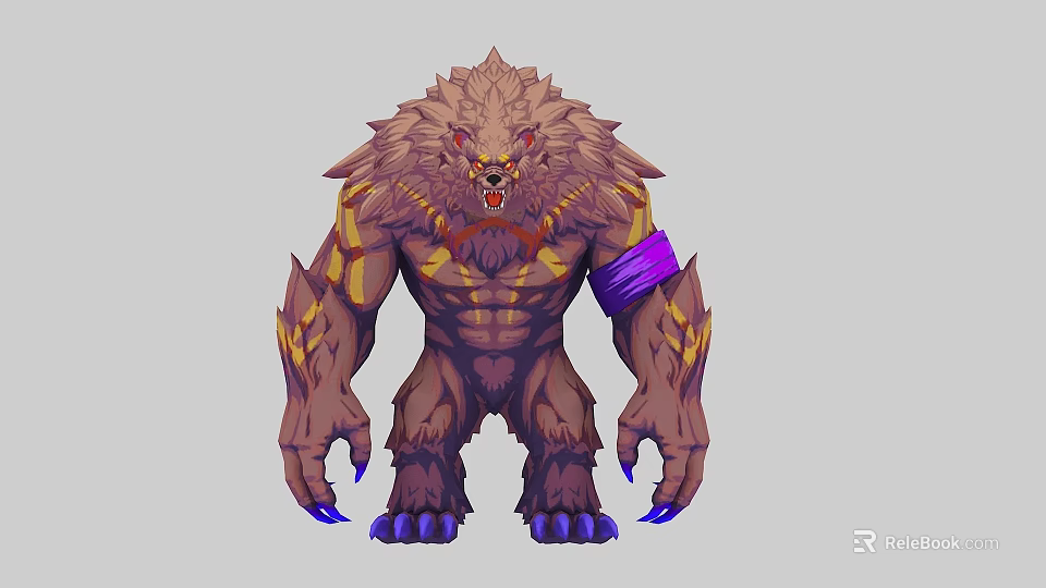 Cartoon Monster Fierce Werewolf Style Brown Fur Red Eyes Yellow Accents Purple Bandage Blue Claws 3d model 