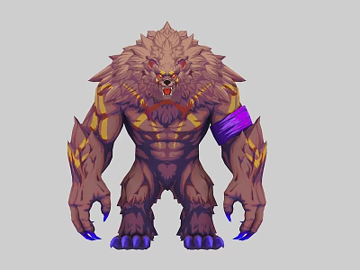 Cartoon Monster Fierce Werewolf Style Brown Fur Red Eyes Yellow Accents Purple Bandage Blue Claws 3d model