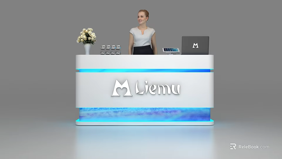 Modern Liemu Reception Desk With Receptionist Flower Vase And Electronic Devices 3d model 