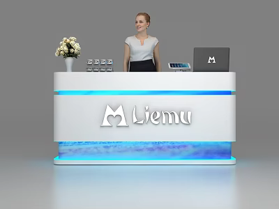 Modern Liemu Reception Desk With Receptionist Flower Vase And Electronic Devices 3d model