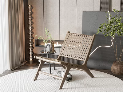 Modern Woven Leisure Chair With Wooden Frame On Round Rug Near Fireplace And Green Plant 3d model