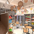 Bright Spacious Café Interior With Shelves Refrigerators Food Products And Seating Area Under Pendant Lights