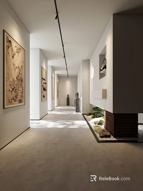 Modern Minimalist Corridor Design With Chinese Paintings Green Plants Pebbles And Brick Wall 3d model 