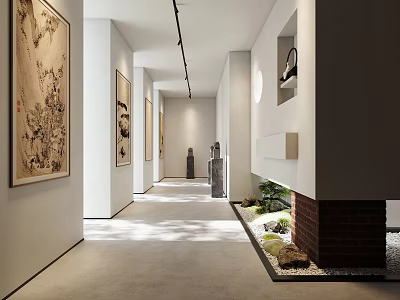 Modern Minimalist Corridor Design With Chinese Paintings Green Plants Pebbles And Brick Wall 3d model