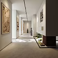 Modern Minimalist Corridor Design With Chinese Paintings Green Plants Pebbles And Brick Wall