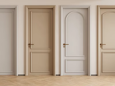 Neutral Hinged Doors with Various Panel Designs and Golden Handles on Light Walls 3d model