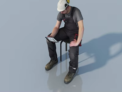 Man in White Hard Hat and Gray T-shirt Sitting on Chair Holding Tablet with Tools 3d model