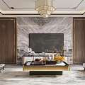 Modern Dining Living Room With Wooden Walls And Marble Pedestal Sculpture